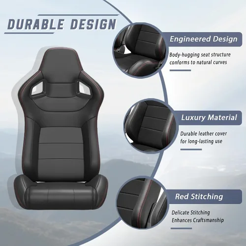 Miniatura 6 de 2 piezas de asientos universales de carreras con deslizadores de doble bloqueo, 1 par de asientos de cubo de cuero PVC con dos almohadas de Negro