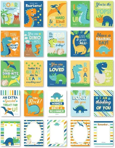Notas para la lonchera para niños: 25 notas inspiradoras y motivacionales para niños, tarjetas de almuerzo de dinosaurio con afirmaciones positivas,