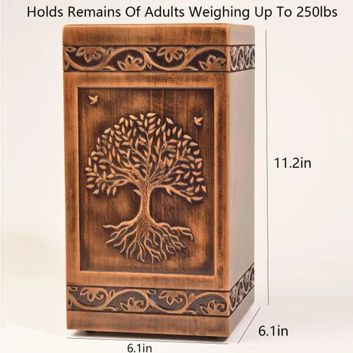 Miniatura 2 de Urna grabada de madera hecha a mano para cenizas humanas, 250 libras, adulto masculino femenino, bolsa de satén, árbol de la vida, urnas