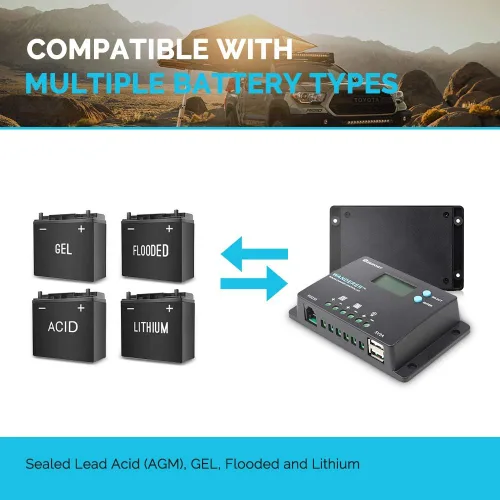 Miniatura 6 de Renogy controlador de carga solar de 10 amperes, 12 V/24 V PWM, conexión de polo negativo a tierra, diseño compacto con pantalla LCD