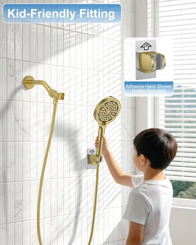 Miniatura 8 de 11" Brushed Gold Rainfall Shower System – Complete Spa Faucet Set with Filtered Handheld Sprayer & Mixer Valve – Modern High Pressure Bathroom