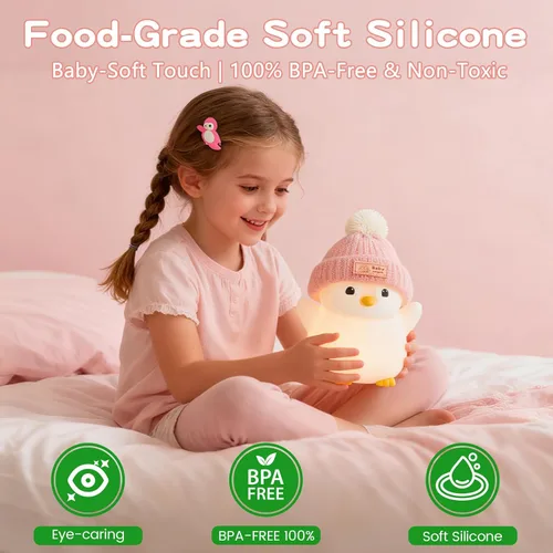 Miniatura 4 de FAMIDUO Luz nocturna de pingüino, bonita lámpara de pingüino rosa con sombrero de punto, luz nocturna de silicona suave para bebé, recargable