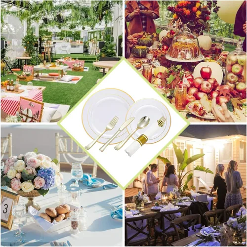 Miniatura 6 de Platos de plástico dorado y cubiertos desechables con servilletas enrolladas, vajilla resistente para fiestas en casa, incluye platos llanos