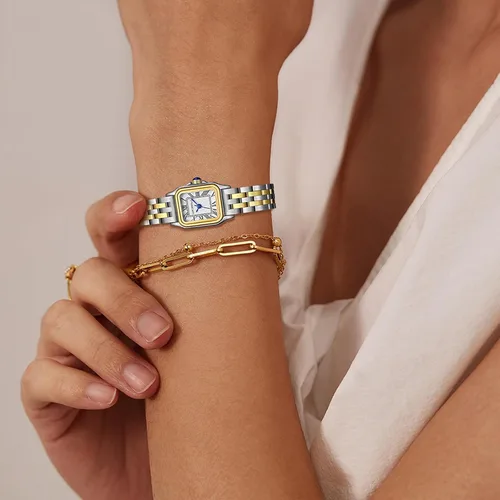 Miniatura 6 de Relojes pequeños de oro para mujer con funda rectangular vintage, esfera romana clásica, banda de acero inoxidable resistente al agua con cadena