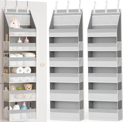 Miniatura 14 de Criusia Organizador sobre la puerta, almacenamiento colgante para armario de 6 estantes con 13 bolsillos de malla, capacidad de 25kg detrás