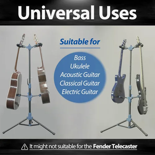 Miniatura 5 de Salvori Soporte plegable doble para guitarra con sistema de bloqueo automático y trípode sólido, soporte/soporte/estante doble/múltiple para bajo