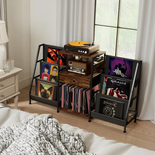 SUNTAGE Soporte para tocadiscos, soporte giratorio con cajón, almacenamiento de vinilo de tela Oxford, 8 almohadillas ajustables para pies, para