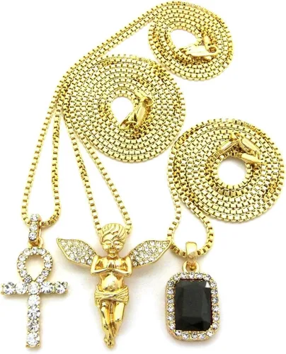 Brilliant Jewelers USA - Juego de 3 collares para hombre, cruz de ángel, color rojo, rubí, negro, azul, verde, piedra