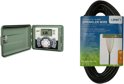 Orbit 57896 Temporizador de sistema de rociadores de panel oscilante para exteriores de 6 estaciones, color verde y cable de rociador 57092 7 strd