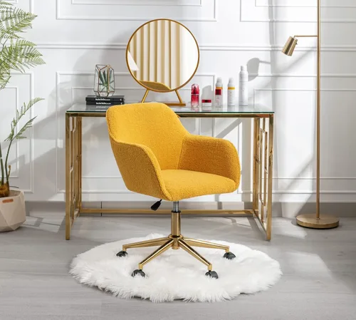 Miniatura 14 de Henf Silla de escritorio tapizada en piel sintética negra para maquillaje con base dorada, silla giratoria de oficina, silla de computadora