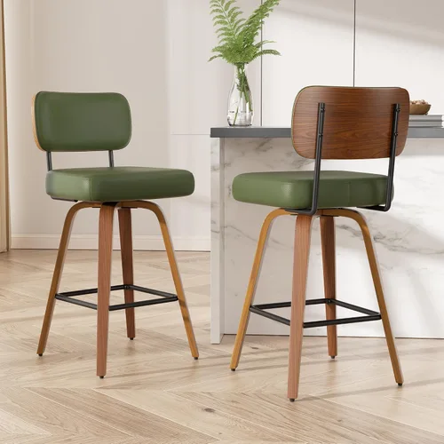 Miniatura 46 de Juego de 1 taburete de bar giratorio, taburetes de bar tapizados de 26" de altura para encimera con respaldo de nogal y patas de madera curvada