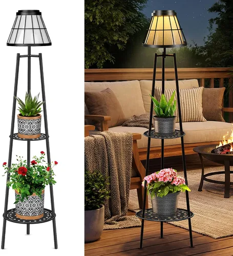 Miniatura 13 de MXwcy Lámpara de pie solar con soportes para plantas, luces solares para exteriores con bombillas LED Edison vintage, luces de jardín resistentes a
