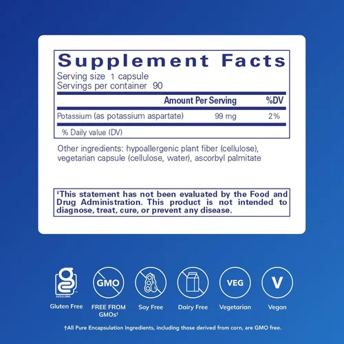 Miniatura 2 de Pure Encapsulations Potasio (aspartato) Suplemento hipoalergénico para apoyar los nervios, los músculos, el flujo sanguíneo y la salud