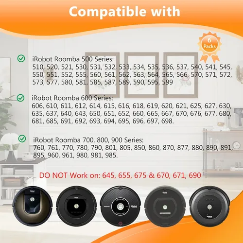 Miniatura 2 de Paquete de 6 repuestos de cepillo lateral para iRobot Roomba 500/600/700/800/900, compatible con 560, 595, 614, 650, 665, 671, 675, 690, 694, 761