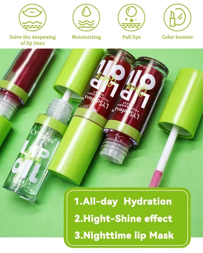 Miniatura 3 de Aceite labial LYSdefeu - 1 unidad con cabezal de cepillo grande, aceite de brillo de labios rosa hidratante, brillo labial transparente brillante