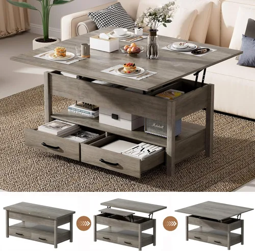 Miniatura 12 de SYESWAY Mesa de Centro Elevable de 39.4" con Estación de Carga, Mesa de Centro Multifuncional 4 en 1 con Almacenamiento y Compartimentos Ocultos