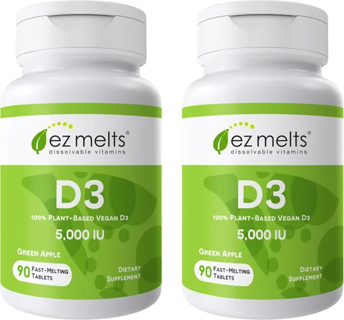 Miniatura 10 de EZ Melts D3, 5000 IU, vitaminas solubles, cero azúcar, sabor natural a manzana, libre de GMO, pastillas de disolución rápida, salud ósea e
