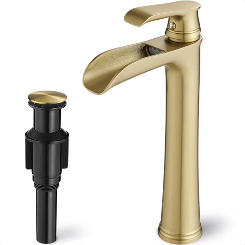 Grifo para fregadero de recipiente, grifo de baño alto de latón en cascada, 1 manija, grifos dorados para mueble de baño, 1 agujero con drenaje