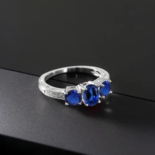 Miniatura 41 de Gem Stone King Anillo de compromiso de 3 piedras preciosas de oro blanco de 10 quilates con piedra natal y diamantes cultivados en laboratorio