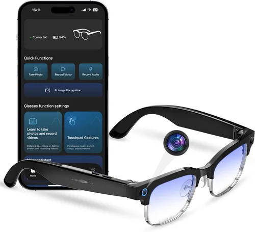 Lentes de cámara inteligente AI con cámara HD de 8 MP, fotos 4K y video de 1080P, antivibración, llamadas de música y Bluetooth, traducción en