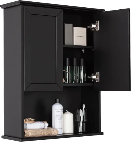 VANIRROR Armario de pared de baño negro de 23 x 29 pulgadas, botiquín de madera con 2 puertas y estante ajustable, armario montado en la pared sobre