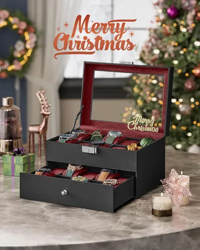 Miniatura 38 de SONGMICS UJWB012 - Caja de reloj de 12 ranuras, caja de reloj con cerradura con tapa de vidrio, 2 capas, con 1 cajón para anillos, pulseras, idea