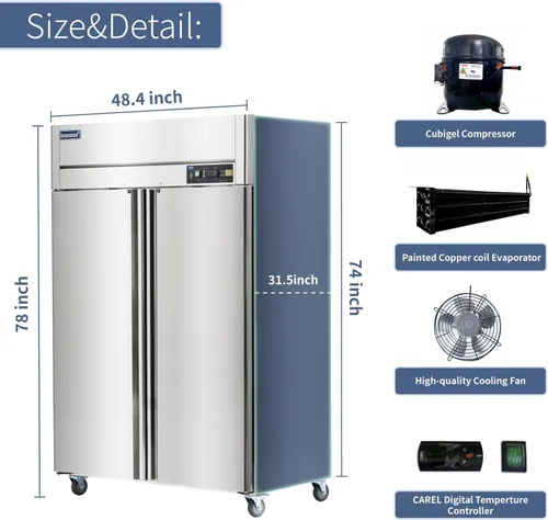 Miniatura 3 de ICECASA Congelador comercial de 48 pulgadas de ancho, 36 pies cúbicos, 2 puertas sólidas de acero inoxidable, ventilador comercial