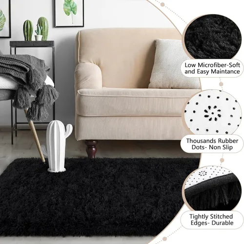 Miniatura 7 de HOMORE Alfombra de pasillo negra de 2 x 6 pies para dormitorio, alfombras esponjosas para pasillo y sala de estar, alfombras antideslizantes