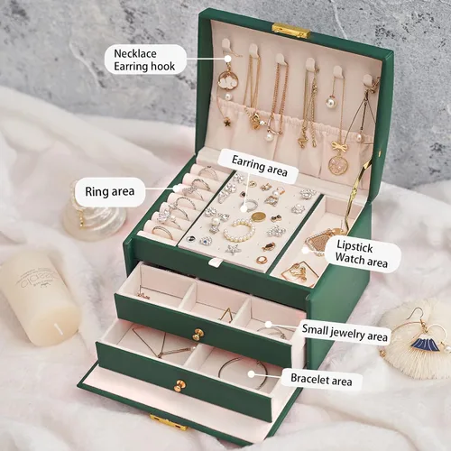 Miniatura 2 de Volance Joyero organizador para mujeres y niñas, 3 capas de piel sintética de tamaño mediano con cerradura y bandeja extraíble, para collares