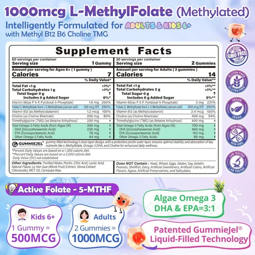 Miniatura 2 de L-metilfolato de 1000 mcg + gomitas de metilo B12 para niños y adultos – Activo 5-MTHF, con Omega-3 DHA y EPA (3:1), colina y TMG, B6, apoya el gen