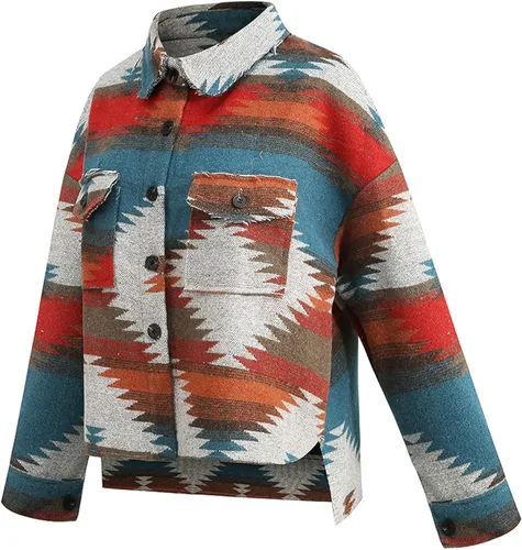 Miniatura 2 de VIEWON Chaqueta de manga larga con estampado azteca para mujer estilo occidental con botones ligera casual con solapa