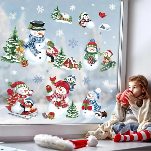 Miniatura 3 de decalmile Calcomanías reutilizables de Navidad para ventana, diseño de muñeco de nieve, pingüino, árbol de Navidad, copos de nieve, espejo de vidrio