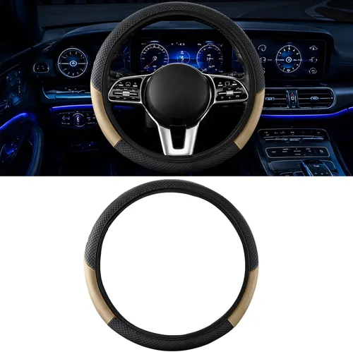 Miniatura 2 de Funda para volante de automóvil, microfibra de fibra de carbono de 15 pulgadas, antideslizante, transpirable, protector elástico para volante