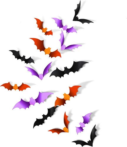 Clabby Decoración de pared de murciélagos de Halloween, 36 piezas realistas de PVC 3D, decoración de pared, 3 colores, 4 tamaños, morado, negro,