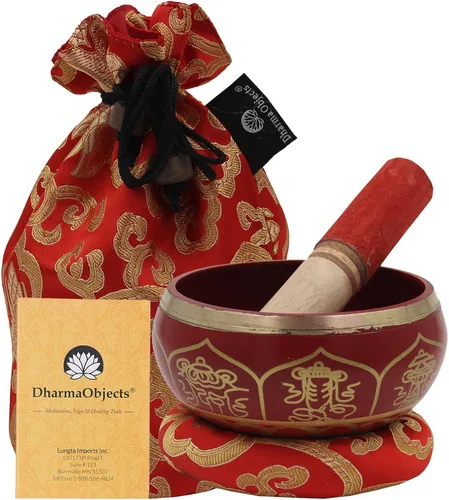 Miniatura 10 de DharmaObjects Mediano ~ Juego de cuencos cantantes Om ~ Con mazo, cojín de brocado y bolsa de transporte ~ Para meditación, curación de chakras