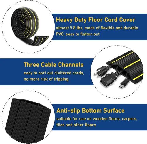 Miniatura 3 de Cubierta de cable de suelo, cubierta de cable de extensión de 10 pies para cables de suelo de 3 canales, protector de cable de suelo para el hogar