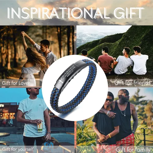 Miniatura 7 de VNOX - Brazalete ajustable de cuero trenzado azul hecho a mano con mantra inspirador para hombre, pulsera de estímulo, regalo motivacional