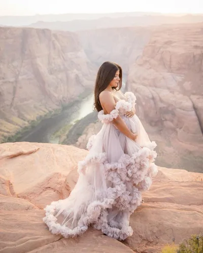 Miniatura 3 de Yexinbridal Batas de tul para mujer para sesión de fotos de maternidad, largo hinchado, ilusión, vestido de novia con volantes y abertura, bufanda