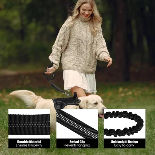 Miniatura 5 de BUMBIN Correa elástica de 6 pies con 2 asas para perros grandes, medianos y pequeños, resistente, sin tirones, absorción de golpes con cinturón