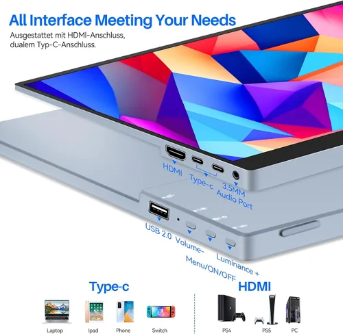 Miniatura 7 de Monitor portátil de 15.6 pulgadas, FHD 1080P 100% sRGB, bisel de metal ultra delgado, monitor externo USB-C con soporte y bolsa de transporte
