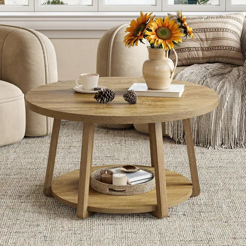 Miniatura 12 de LITTLE TREE Mesa de Centro Redonda, Mesa de Centro Circular de 32" para Sala de Estar, Mesa Central de Acento de Madera de 2 Niveles con Grano