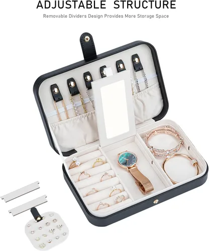 Miniatura 60 de Joyero pequeño, joyero de viaje portátil para mujer, mini organizador de viaje de 2 capas, regalo para mujeres y niñas, negro A