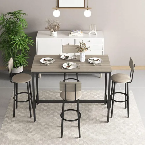 Miniatura 8 de Moderno juego de mesa y silla de bar para 4 mesas y taburetes de altura de mostrador con respaldo, mesa de comedor rectangular, juego de 5
