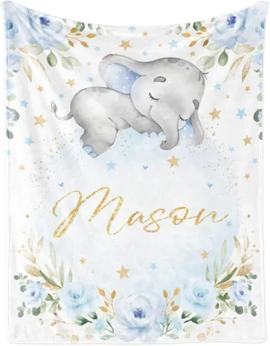Manta de bebé de elefante personalizada con nombre para niño, manta de nombre personalizada para niño recién nacido, manta de franela suave, regalo