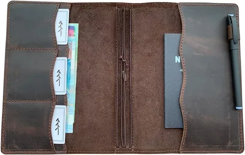 Miniatura 2 de Cubierta de cuaderno de viaje newestor con bolsillos interiores, ranuras para tarjetas y soporte para bolígrafo, tamaño A5, marrón oscuro