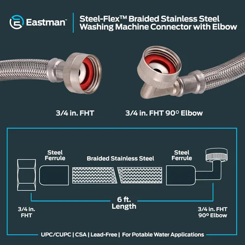 Miniatura 6 de Eastman Conector de manguera de lavadora de 6 pies con codo, 3/4 pulgadas FHT x 3/4 pulgadas FHT, acero inoxidable trenzado, 48375