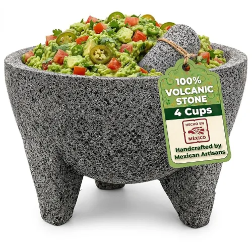 Miniatura 9 de Molcajete de 7 pulgadas mexicano, hecho a mano con piedra volcánica natural, utensilio de cocina artesanal para moler con poros para triturar