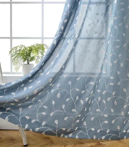 Miniatura 9 de Miuco - Cortinas con ojales de lino sintético, semitransparentes, bordadas con flores, para sala de estar Blanco puro