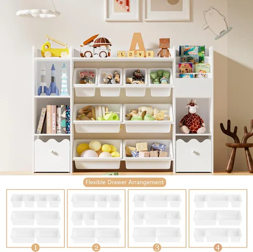 Miniatura 9 de HOMMPA Organizador de almacenamiento de juguetes para niños de 55 pulgadas de ancho con 2 cajones movibles, estantería de 4 niveles para niños