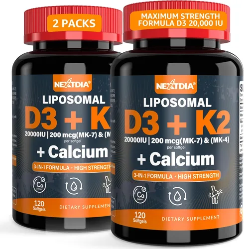 Miniatura 9 de Vitamina D3 20,000 UI + Vitamina K2 (MK4 y MK7) 200 mcg + citrato de calcio, vitamina D3 K2 Softgel óptimo - Hueso y músculo fuertes, absorción